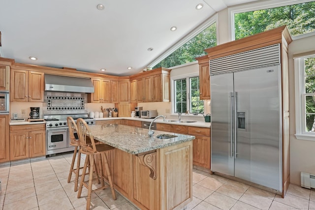 6 Robert Frost Dr, Shelton, CT 06484 - kitchen with high end appliances, wall chimney exhaust hood, lofted ceiling, light tile patterned floors, and plenty of natural light