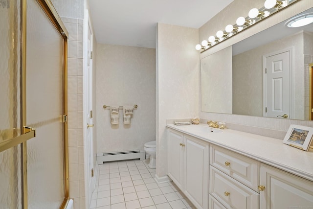 6 Robert Frost Dr, Shelton, CT 06484 - bathroom with a baseboard heating unit, tile patterned flooring, vanity, and a shower with shower door