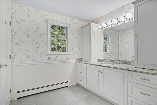 6 Robert Frost Dr, Shelton, CT 06484 - bathroom featuring a baseboard heating unit, wallpapered walls, vanity, and tile patterned floors