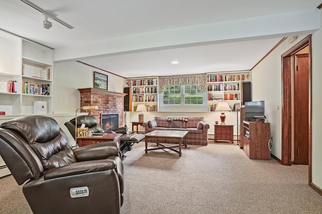 6 Robert Frost Dr, Shelton, CT 06484 - carpeted living room with a baseboard radiator, a brick fireplace, rail lighting, and built in features