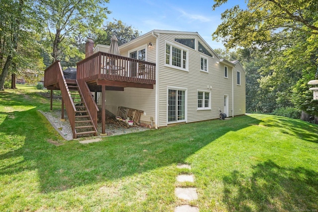6 Robert Frost Dr, Shelton, CT 06484 - back of house with stairs, a wooden deck, and a yard