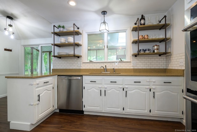 66 Del Prado Dr, Bristol, CT 06010 - kitchen with stainless steel appliances, open shelves, white cabinetry, a peninsula, and recessed lighting