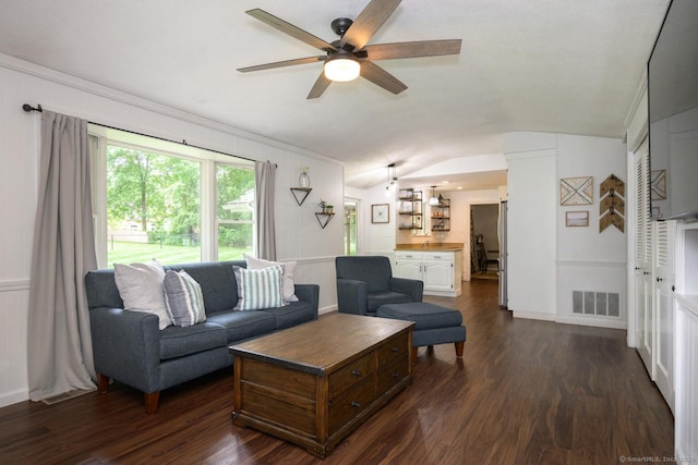 66 Del Prado Dr, Bristol, CT 06010 - living room with lofted ceiling, ceiling fan, and dark wood-type flooring
