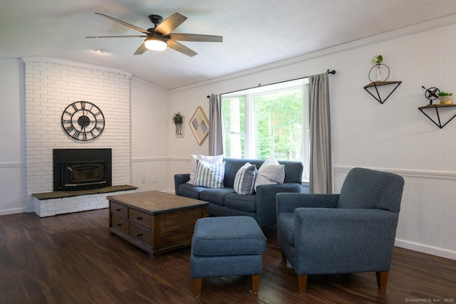 66 Del Prado Dr, Bristol, CT 06010 - living area featuring lofted ceiling, ornamental molding, ceiling fan, dark wood finished floors, and a decorative wall