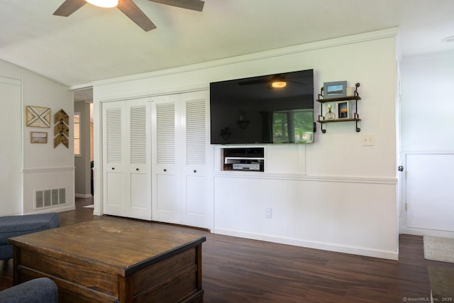 66 Del Prado Dr, Bristol, CT 06010 - living area featuring ceiling fan, ornamental molding, dark wood-style flooring, and lofted ceiling