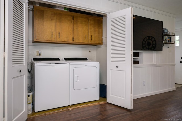 66 Del Prado Dr, Bristol, CT 06010 - washroom with cabinet space, dark wood-style flooring, and washing machine and clothes dryer