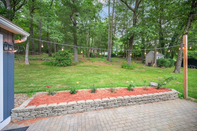 16 Pine Rd, Stafford, CT 06076 - view of green lawn featuring a shed, a patio, and view of wooded area