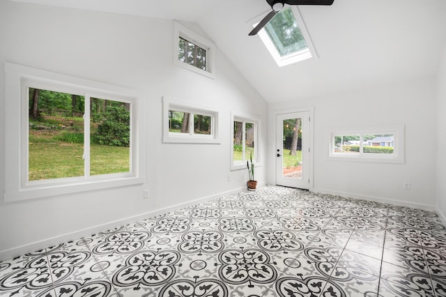 16 Pine Rd, Stafford, CT 06076 - unfurnished room featuring a skylight, high vaulted ceiling, healthy amount of natural light, and ceiling fan