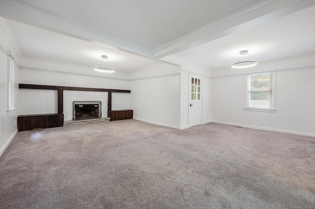 16 Pine Rd, Stafford, CT 06076 - unfurnished living room featuring carpet and a stone fireplace