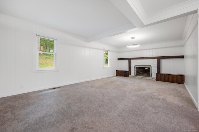 16 Pine Rd, Stafford, CT 06076 - unfurnished living room with healthy amount of natural light, carpet flooring, a fireplace, and beamed ceiling