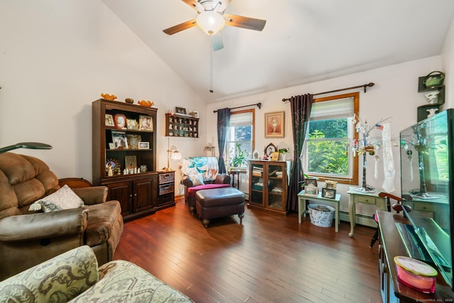 48 Greenwood Cir, Seymour, CT 06483 - living area with ceiling fan, hardwood / wood-style flooring, high vaulted ceiling, and a baseboard heating unit