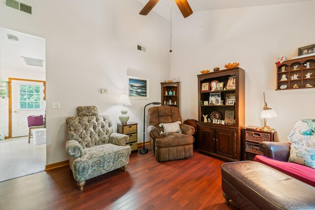 48 Greenwood Cir, Seymour, CT 06483 - living area with a ceiling fan, dark wood-type flooring, beamed ceiling, and high vaulted ceiling