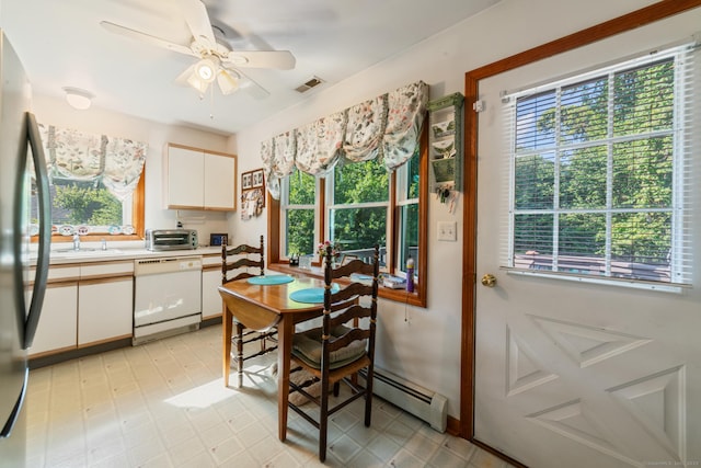 48 Greenwood Cir, Seymour, CT 06483 - kitchen with dishwasher, light countertops, freestanding refrigerator, baseboard heating, and ceiling fan