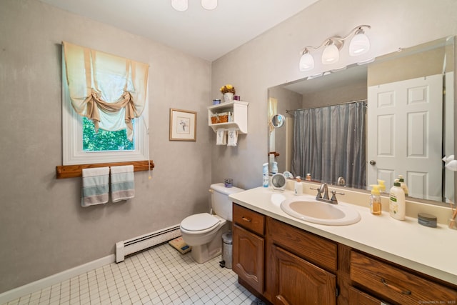 48 Greenwood Cir, Seymour, CT 06483 - full bath featuring a baseboard heating unit, vanity, tile patterned flooring, and a shower with curtain