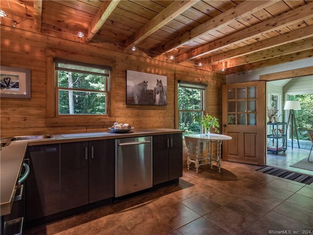 10 Firetower Rd, Killingworth, CT 06419 - kitchen featuring stainless steel dishwasher, wood walls, a wood ceiling with exposed beams, and modern cabinets