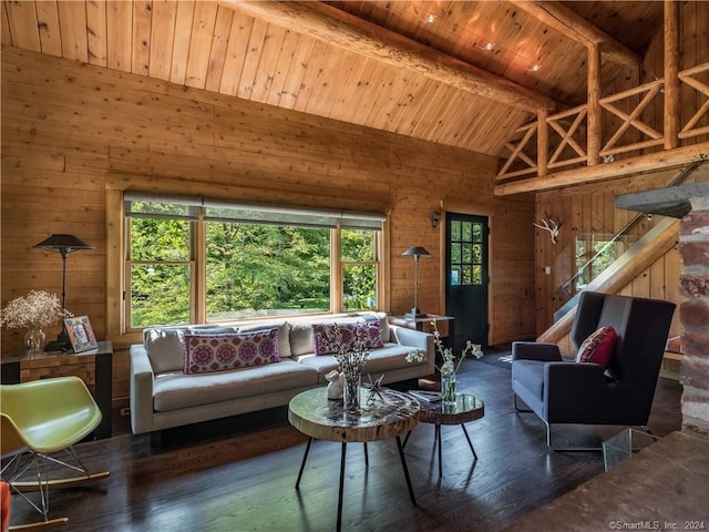 10 Firetower Rd, Killingworth, CT 06419 - living area with a wooden ceiling with exposed beams, wood walls, wood finished floors, and high vaulted ceiling