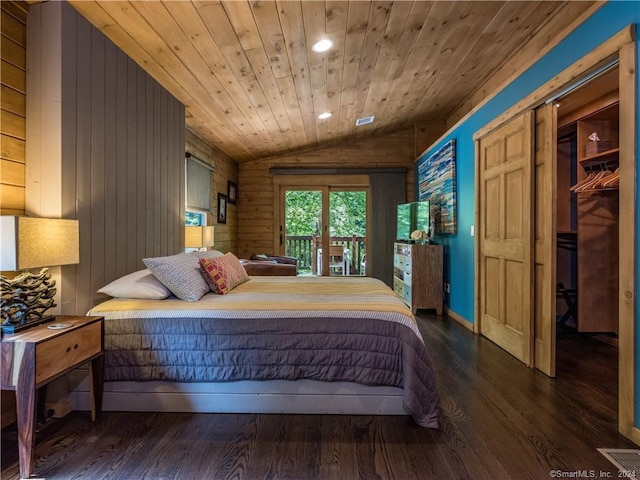 10 Firetower Rd, Killingworth, CT 06419 - bedroom with vaulted ceiling, dark wood-style flooring, wooden ceiling, wooden walls, and recessed lighting