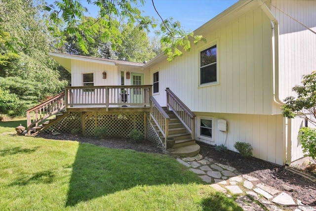 9 Madrina Ln, Madison, CT 06443 - rear view of house with stairway, a yard, and a wooden deck