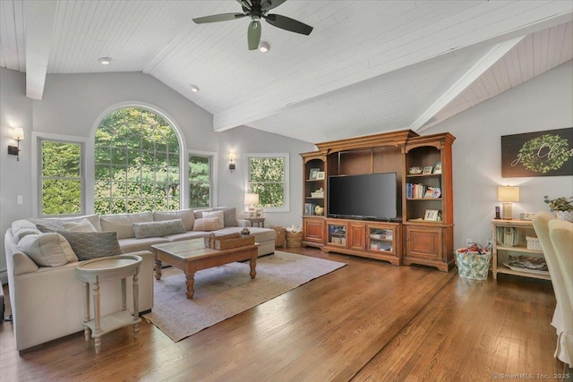 9 Madrina Ln, Madison, CT 06443 - living area featuring lofted ceiling, wood finished floors, ceiling fan, and wooden ceiling