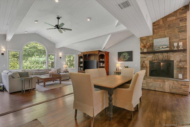 9 Madrina Ln, Madison, CT 06443 - dining room featuring ceiling fan, wood finished floors, a fireplace, and wood ceiling