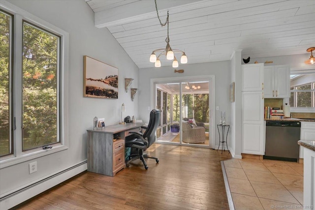 9 Madrina Ln, Madison, CT 06443 - home office with a baseboard radiator, a chandelier, light wood finished floors, and wooden ceiling
