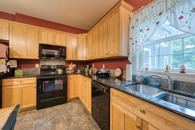 2 Warren Gln, Burlington, CT 06013 - kitchen with black appliances, plenty of natural light, vaulted ceiling, light brown cabinetry, and tasteful backsplash