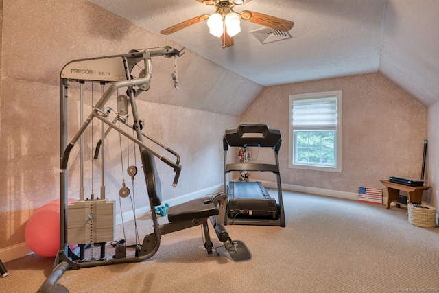 2 Warren Gln, Burlington, CT 06013 - exercise area featuring lofted ceiling, ceiling fan, a textured ceiling, and carpet floors