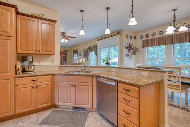 2 Warren Gln, Burlington, CT 06013 - kitchen with stainless steel dishwasher, healthy amount of natural light, light stone countertops, and ceiling fan