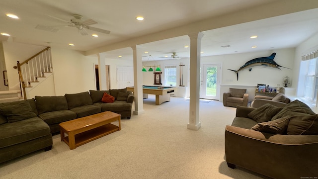 355 Oregon Rd, Cheshire, CT 06410 - living room featuring a ceiling fan, decorative columns, recessed lighting, light carpet, and pool table