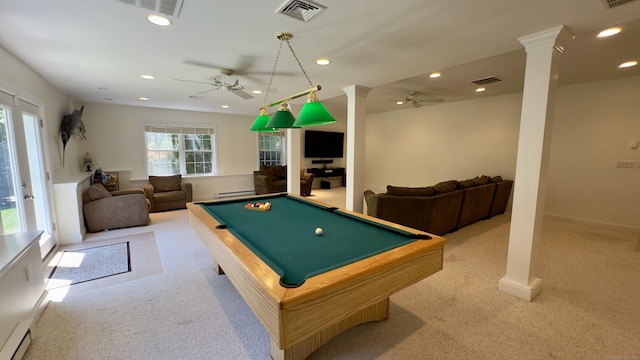 355 Oregon Rd, Cheshire, CT 06410 - playroom with ceiling fan, decorative columns, carpet, recessed lighting, and billiards table