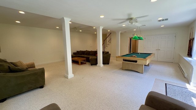 355 Oregon Rd, Cheshire, CT 06410 - game room with recessed lighting, baseboard heating, ornate columns, billiards, and a ceiling fan