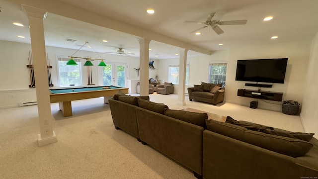 355 Oregon Rd, Cheshire, CT 06410 - living area featuring ceiling fan, ornate columns, light carpet, recessed lighting, and billiards