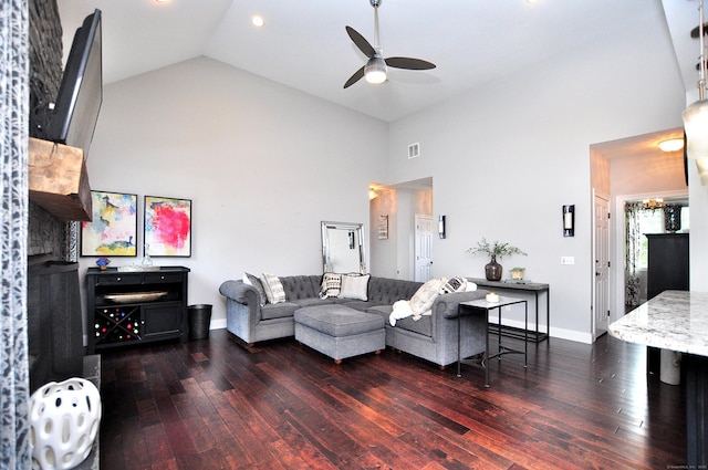419 Briarwood Dr, Manchester, CT 06040 - living area with high vaulted ceiling, a ceiling fan, dark wood-style floors, and recessed lighting