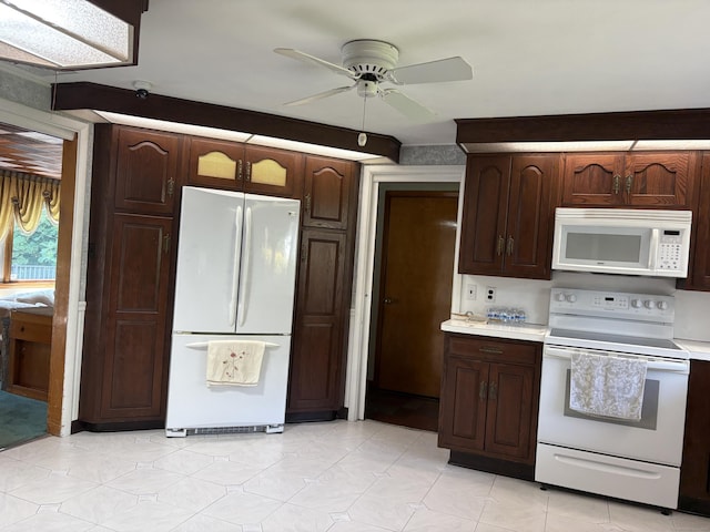 15 S Meadow Dr, Danbury, CT 06811 - kitchen featuring white appliances, a ceiling fan, light countertops, and dark brown cabinets