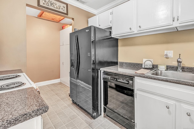 97 Ferry Ct Unit 97, Stratford, CT 06615 - kitchen with black appliances, white cabinets, crown molding, light tile patterned flooring, and dark countertops