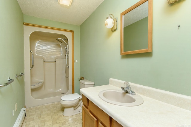 132 Wade Rd, Pomfret, CT 06259 - bathroom with a baseboard heating unit, a shower, vanity, tile patterned floors, and a textured ceiling