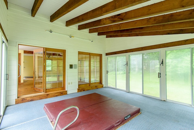 132 Wade Rd, Pomfret, CT 06259 - unfurnished sunroom with carpet flooring, beamed ceiling, wood walls, and a baseboard radiator