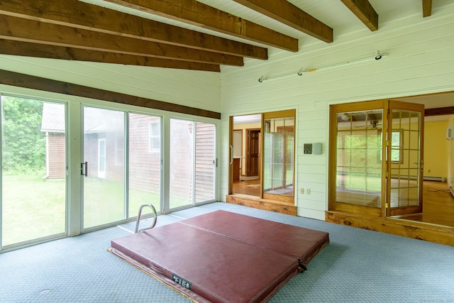 132 Wade Rd, Pomfret, CT 06259 - unfurnished sunroom featuring carpet, beamed ceiling, wood walls, and baseboard heating