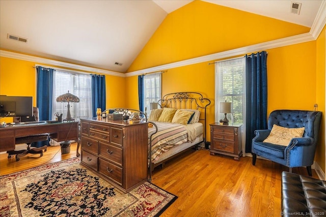 70 Albemarle St, Bridgeport, CT 06606 - bedroom featuring light wood-style floors, an office area, multiple windows, ornamental molding, and high vaulted ceiling