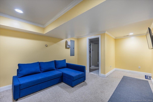 70 Albemarle St, Bridgeport, CT 06606 - unfurnished living room featuring crown molding, carpet floors, and recessed lighting