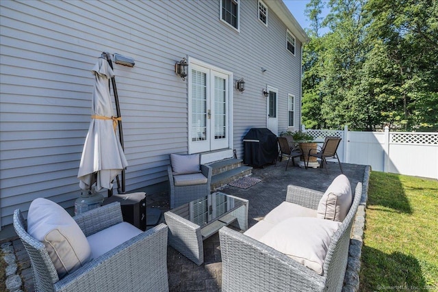 70 Albemarle St, Bridgeport, CT 06606 - view of patio / terrace featuring grilling area, outdoor lounge area, entry steps, and french doors