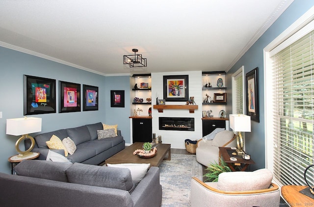 362 Main St, Meriden, CT 06451 - living area featuring crown molding, wood finished floors, and a glass covered fireplace