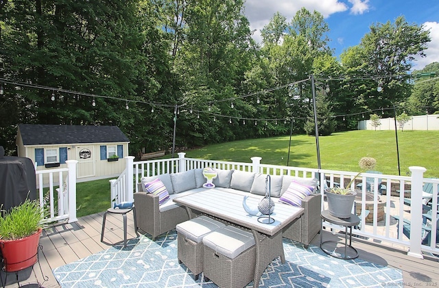 362 Main St, Meriden, CT 06451 - wooden deck featuring outdoor lounge area, a lawn, and an outdoor structure