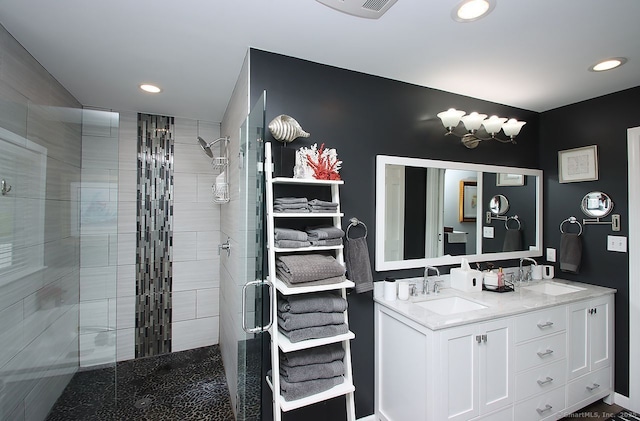 362 Main St, Meriden, CT 06451 - full bathroom with a shower stall, recessed lighting, and double vanity