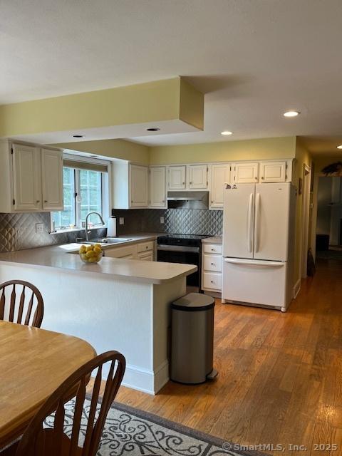 47 Merwin Brook Rd, Brookfield, CT 06804 - kitchen featuring freestanding refrigerator, electric range oven, under cabinet range hood, a peninsula, and light wood-style flooring
