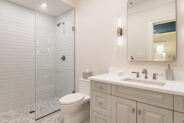 354 S Ave, New Canaan, CT 06840 - bathroom with vanity, a tile shower, and ornamental molding