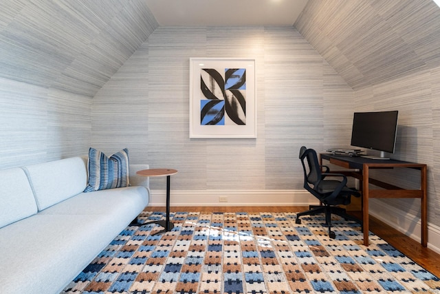 354 S Ave, New Canaan, CT 06840 - office area featuring lofted ceiling and wood finished floors