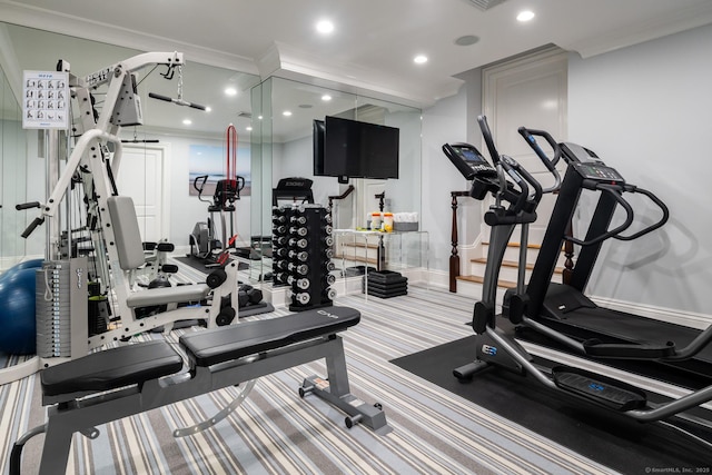 354 S Ave, New Canaan, CT 06840 - gym featuring ornamental molding and recessed lighting