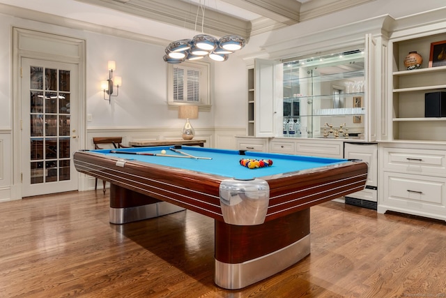 354 S Ave, New Canaan, CT 06840 - recreation room featuring wood finished floors, pool table, wainscoting, a decorative wall, and ornamental molding