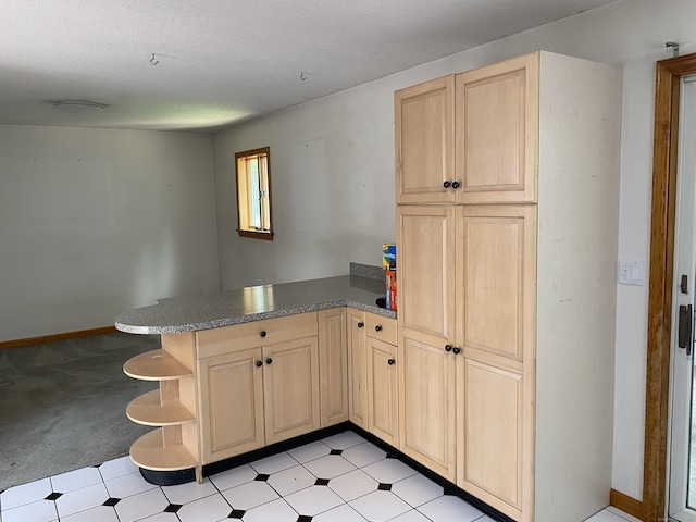 127 Nicole Dr, Milford, CT 06460 - kitchen featuring a peninsula, light brown cabinetry, open shelves, light carpet, and a textured ceiling